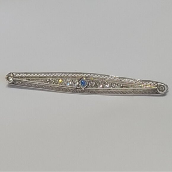 Vintage Slim Sterling Silver Pointer Blue White Crystal Bar Brooch - Picture 10 of 11